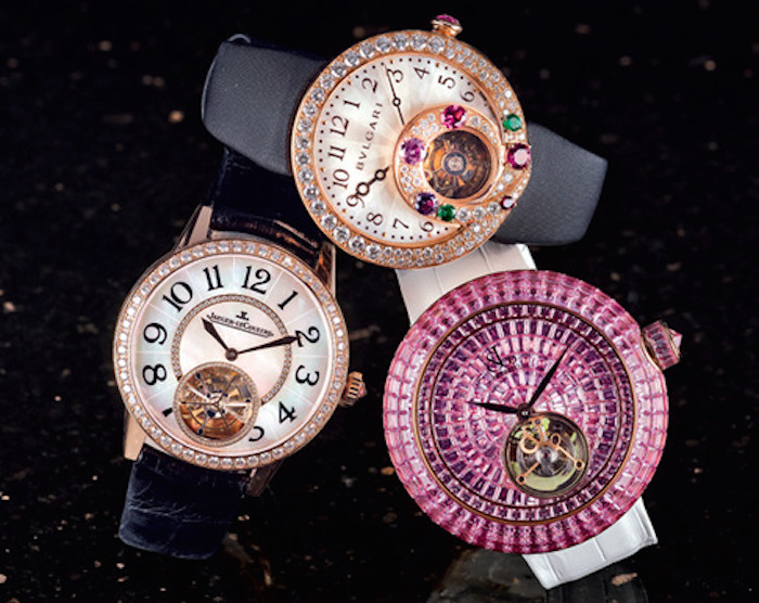 CLOCKWISE FROM TOP: From Bulgari, this Berries Tourbillon Retrograde Hour watch ($160,000) is set with 91 diamonds and seven gemstones. This Jacob & Co. Brilliant Baguette Pink Sapphire Tourbillon ($810,000) is set with more than 400 baguette-cut pink sapphires weighing 36.75 carats total. This Jaeger-LeCoultre Rendez-Vous Tourbillon (price available upon request) is crafted in 18k pink gold and features a large tourbillion aperture. Photo by Jeff Crawford for Niche Media.